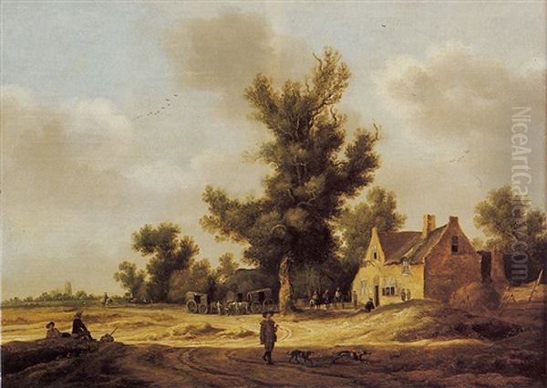 Open Landscape With Travellers At Rest Beside An Inn, And A Figure With Dogs On A Path In The Foreground Oil Painting by Pieter de Neyn