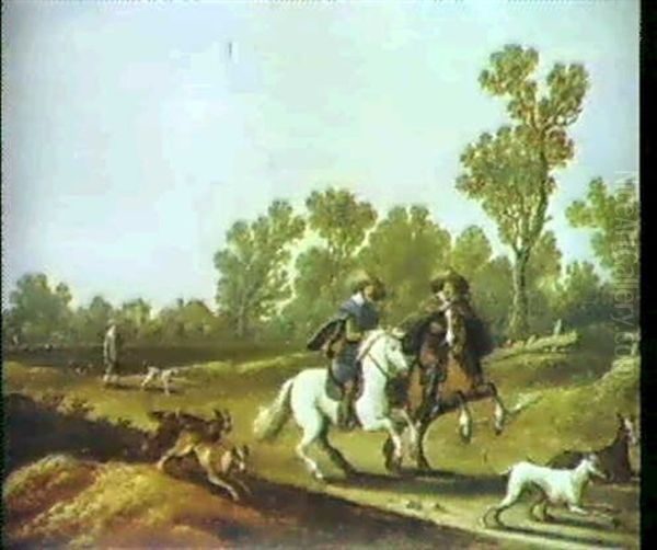 Zwei Reiter Mit Ihren Hunden by Pieter de Neyn