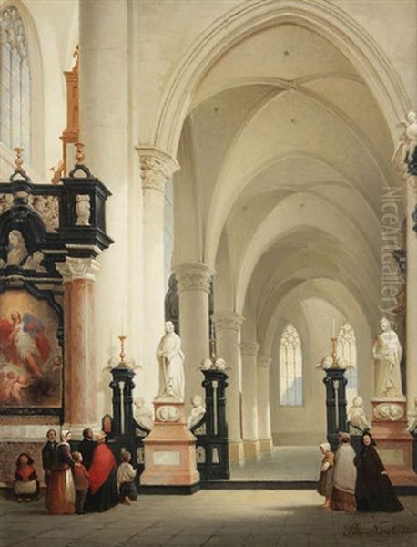 Interieur D'eglise Anime De Figures Pres De Bas-cote Oil Painting by Bernard Neyt