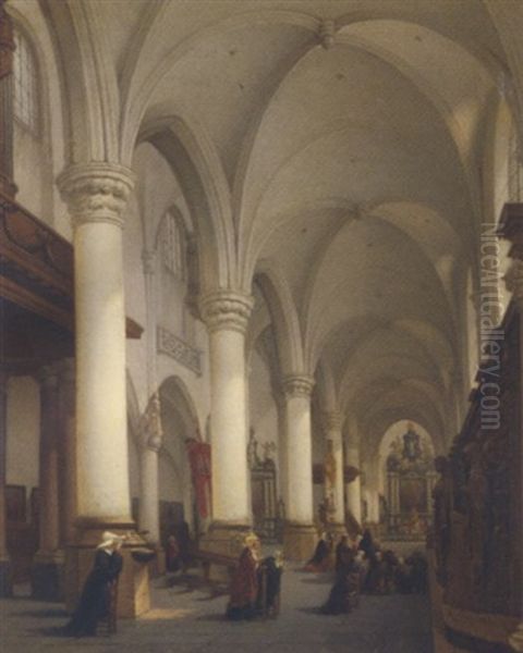 Interieur De L'eglise Saint Paul D'anvers: A Church Interior With Figures In Prayer Oil Painting by Bernard Neyt