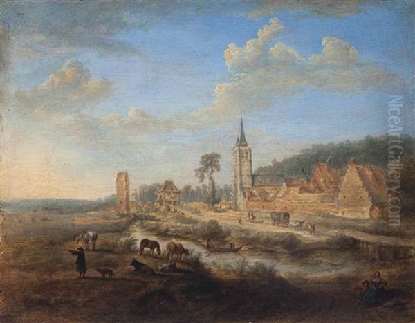 A River Landscape With A Huntsman, Kettle, Travellers And A Town Beyond by Gillis Neyts