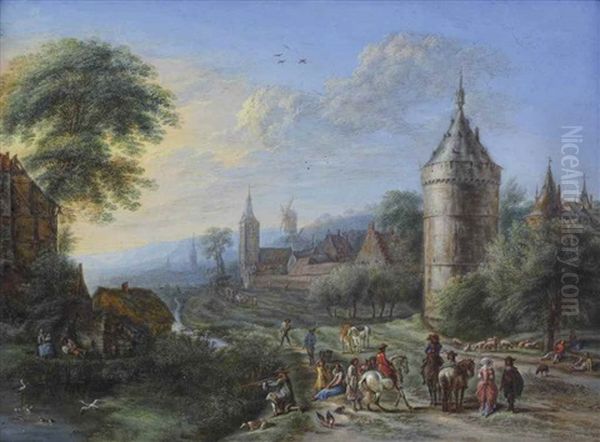 A Village Scene With Cavaliers And Elegant Figures Conversing In The Foreground, A Hunter Shooting Ducks On A Pond To The Left Oil Painting by Gillis Neyts