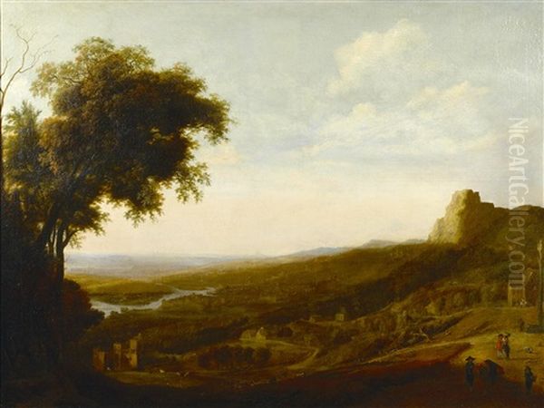 An Extensive Landscape With Travellers On A Track And A Village Beyond Oil Painting by Gillis Neyts