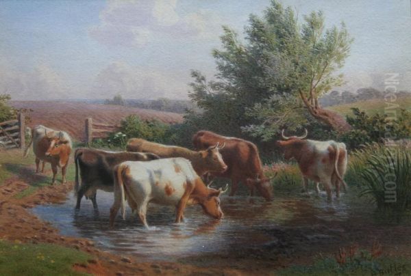 Cattle At A Country Pool Oil Painting by Henry Birtles