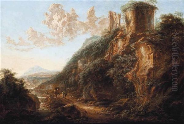 A Mountainous Italianate Landscape With Travellers On A Path By A Stream, Ruins In The Foreground Oil Painting by Gillis Neyts