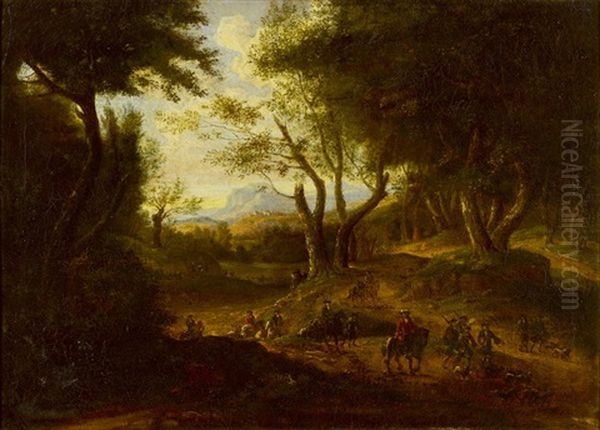 Waldlandschaft Mit Reitenden Jagern Und Hunden Oil Painting by Gillis Neyts