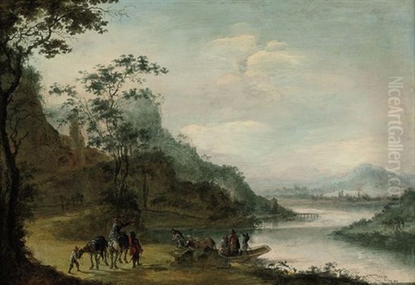 A Wooded Landscape With Figures Corssing A River Oil Painting by Gillis Neyts