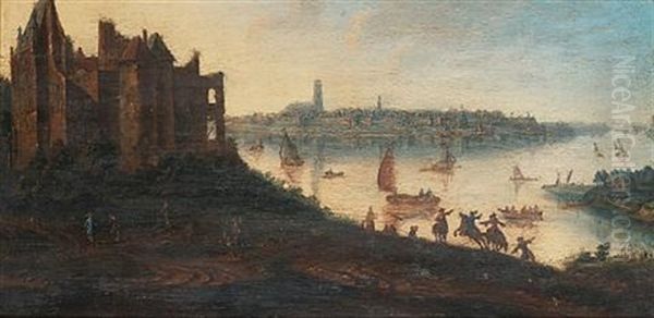 A River Landscape With A Hilltop Castle In The Foreground And A Town In The Distance Oil Painting by Gillis Neyts