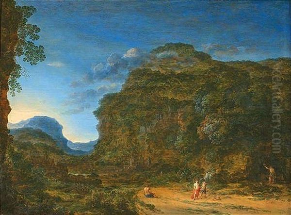 Arkadische Gebirgslandschaft Mit Figurenstaffage, Im Hintergrund Eine Phantastische Stadt Oil Painting by Gillis Neyts