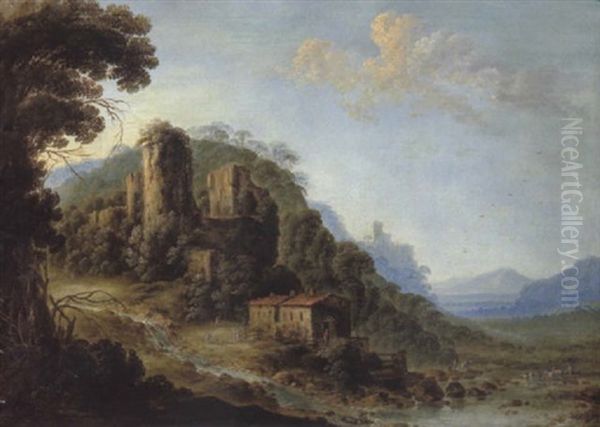 Gebirgslandschaft Mit Dem Blick Auf Die Burgruine Von Huy Uber Der Maas In Der Hollandischen Provinz Luik Oil Painting by Gillis Neyts