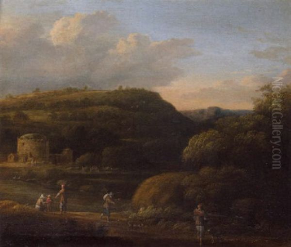 River Landscape With Figures On A Track, And Classical Ruins Beyond Oil Painting by Gillis Neyts