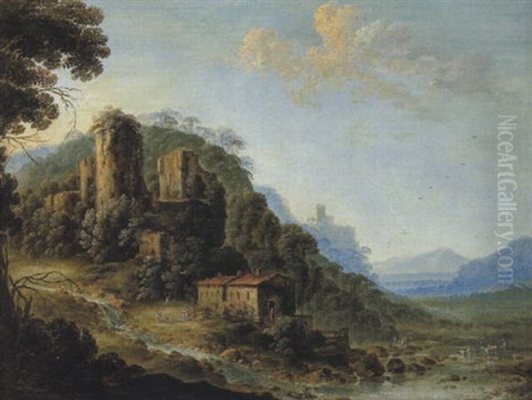 Gebirgslandschaft Mit Dem Blick Auf Die Burgruine Von Huy Uber Der Maas In Der Hollandischen Provinz Luik Oil Painting by Gillis Neyts