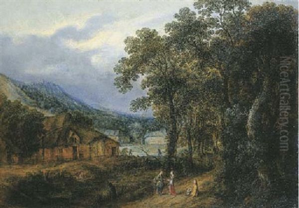 A Wooded Landscape With Figures On A Path, Farmhouses Beyond Oil Painting by Gillis Neyts