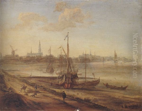 The Estuary Of The Schelde With A Mediterranean Galley Beached, And A Distant View Of Antwerp Oil Painting by Gillis Neyts