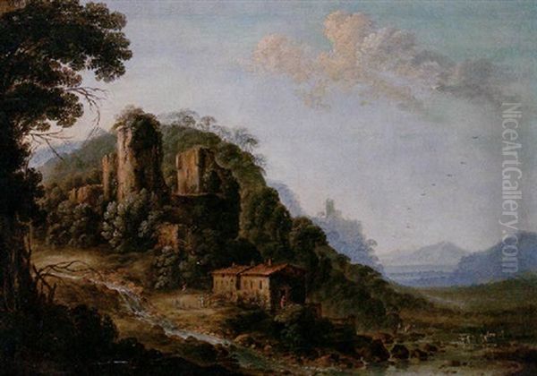 A Mountainous Landscape With Figures Resting Before A House, Situated Beneath A Ruined Castle Oil Painting by Gillis Neyts