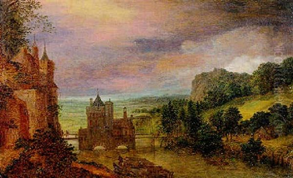 Stadttor Mit Ziehbrucke In Weiter Flusslandschaft Oil Painting by Gillis Neyts