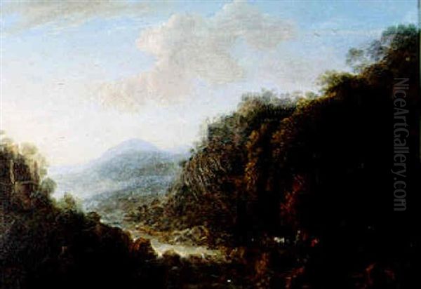 Promeneurs Pres D'une Riviere Dans Un Paysage De Montagne Oil Painting by Gillis Neyts