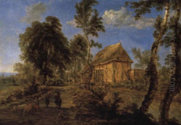 Bewaldete Fluslandschaft Mit Einem Bauernhaus Und Hirten Oil Painting by Gillis Neyts