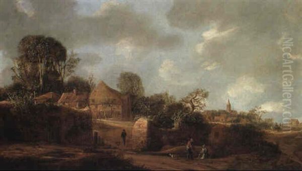 A Farm Near A Village With Peasants Resting In The Foreground Oil Painting by Gillis Neyts