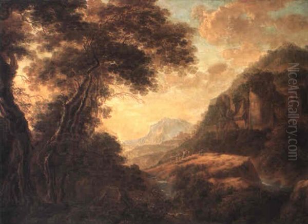 Mountainous Landscape With Travellers By A Ruined Castle Oil Painting by Gillis Neyts