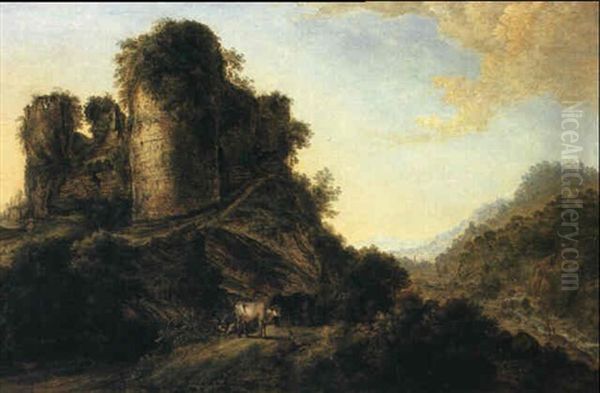 A Hilly Landscape With Cattle Grazing Before Castle Ruins Oil Painting by Gillis Neyts