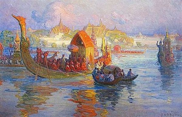 Procession Royale Sur La Riviere A Bangkok Oil Painting by Joseph De La Neziere