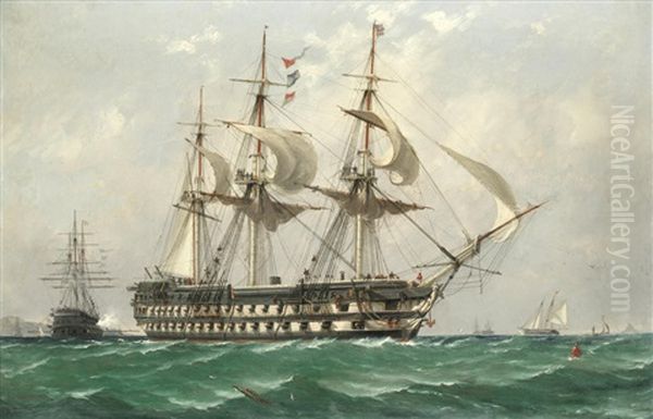 H.m.s. Nile Getting Underway Accompanied By A Salute From The Flagship Oil Painting by Richard Henry Nibbs