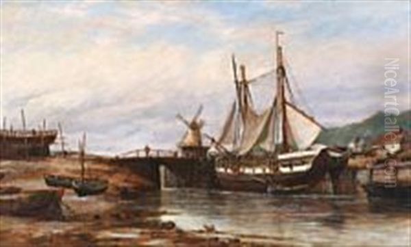 River Scene With Sailing Ships Near A Lock Oil Painting by Richard Henry Nibbs