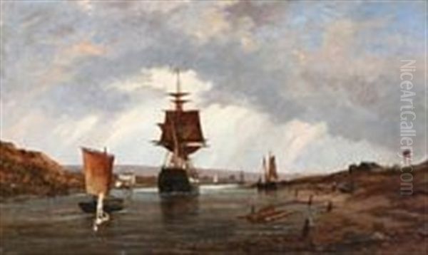 Riverscene With Plenty Of Ships Oil Painting by Richard Henry Nibbs