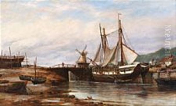 River Scene With Sailings Ships Near A Lock by Richard Henry Nibbs