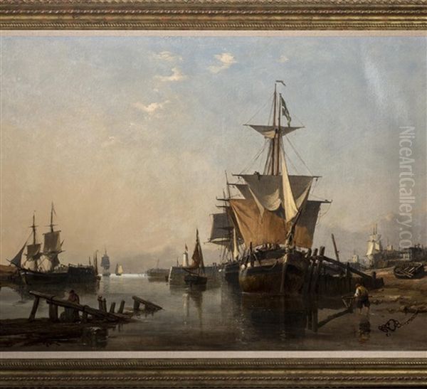 Harbor With Ships And Fishing Boats At Anchor Oil Painting by Richard Henry Nibbs