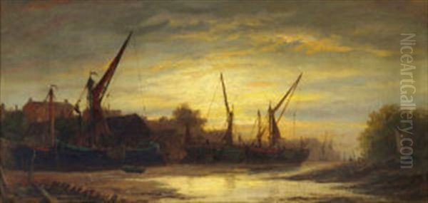 Beached Shipping At Dusk On The Upper Reaches Of The Thames Near Chiswick Eyot Oil Painting by Richard Henry Nibbs