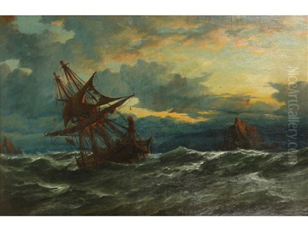 Morning After Gale - A Study Of A Ship Abandoned After A Stormy Night Oil Painting by Richard Henry Nibbs