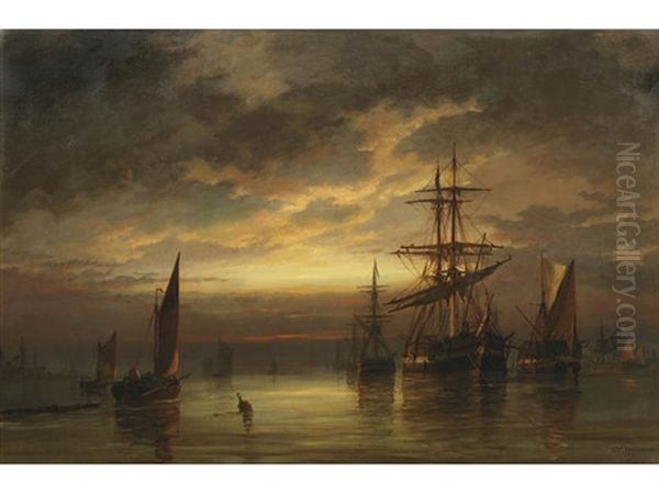 Anchored Fishing Boats In Calm Waters Oil Painting by Richard Henry Nibbs