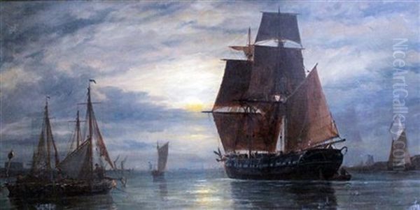 Gosport Traders Unloading By Moonlight Oil Painting by Richard Henry Nibbs