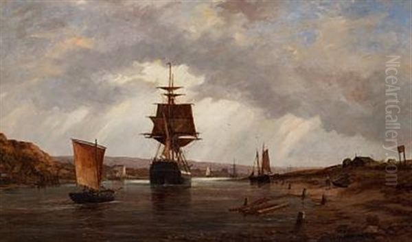 Ships On A River Oil Painting by Richard Henry Nibbs