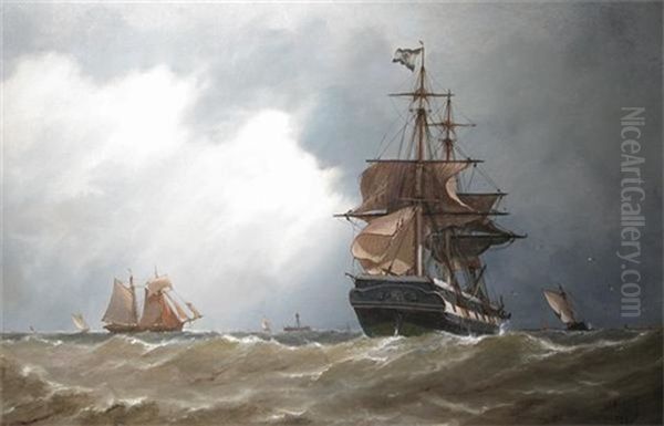 Sailing Ships At Sea Oil Painting by Richard Henry Nibbs