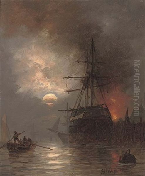 A Trading Brig In The Harbour By Moonlight (+ Barges On The Foreshore At Dusk; Pair) Oil Painting by Richard Henry Nibbs