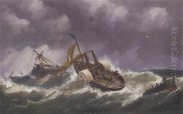 A Paddle Tug Towing The Lifeboat To The Rescue Oil Painting by Richard Henry Nibbs