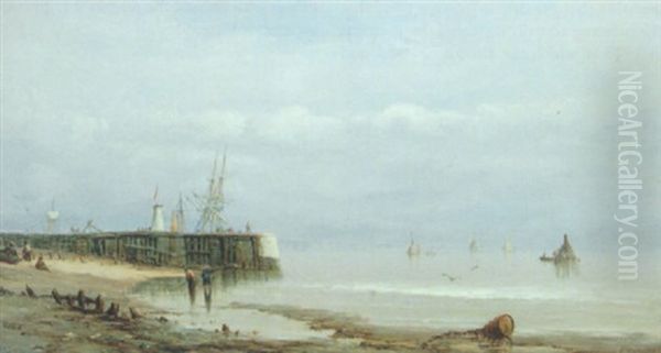 Shipping Off A Harbour Mouth Oil Painting by Richard Henry Nibbs