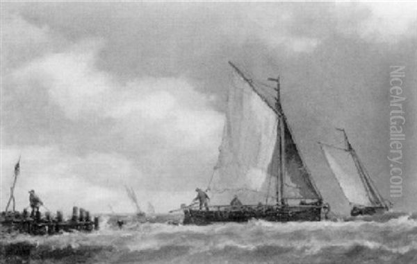 Coastal Vessels Off A Jety In Choppy Seas Oil Painting by Richard Henry Nibbs