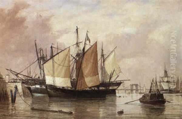 Ships Lying In The Seine At Rouen Oil Painting by Richard Henry Nibbs