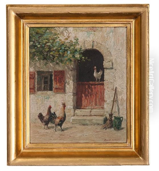 Barnyard Scene With Roosters Oil Painting by Burr H. Nicholls