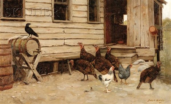 Crow Among The Fowl, A Barnyard Scene Oil Painting by Burr H. Nicholls