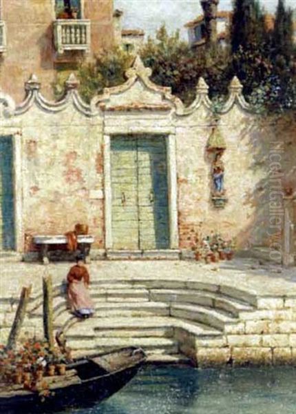 Lady On The Steps Of A Venetian Courtyard Oil Painting by Burr H. Nicholls