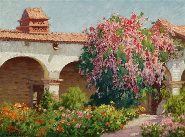 Flower And Vine-covered Capistrano Mission Oil Painting by Harley De Witt Nichols