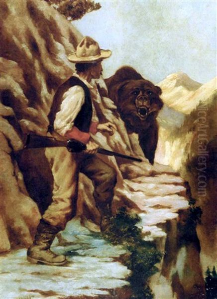 Man Meets Snarling Bear On Treacherous Mountain Path Oil Painting by Harley De Witt Nichols