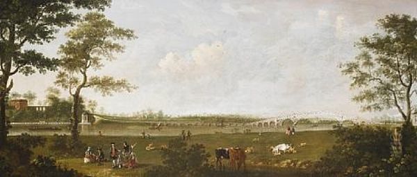 A View Of Old Walton Bridge From The North Looking Upstream With Elegant Figures Conversing In The Foreground Meadow Oil Painting by Joseph Nichols