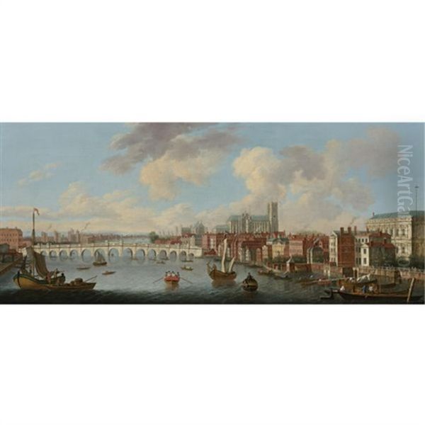 View Of The Thames And Old Westminster Bridge Looking Towards Westminster Abbey Oil Painting by Joseph Nichols