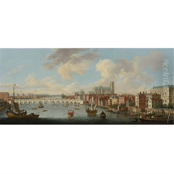 View Of The Thames And Old Westminster Bridge Looking Towards Westminster Abbey Oil Painting by Joseph Nichols